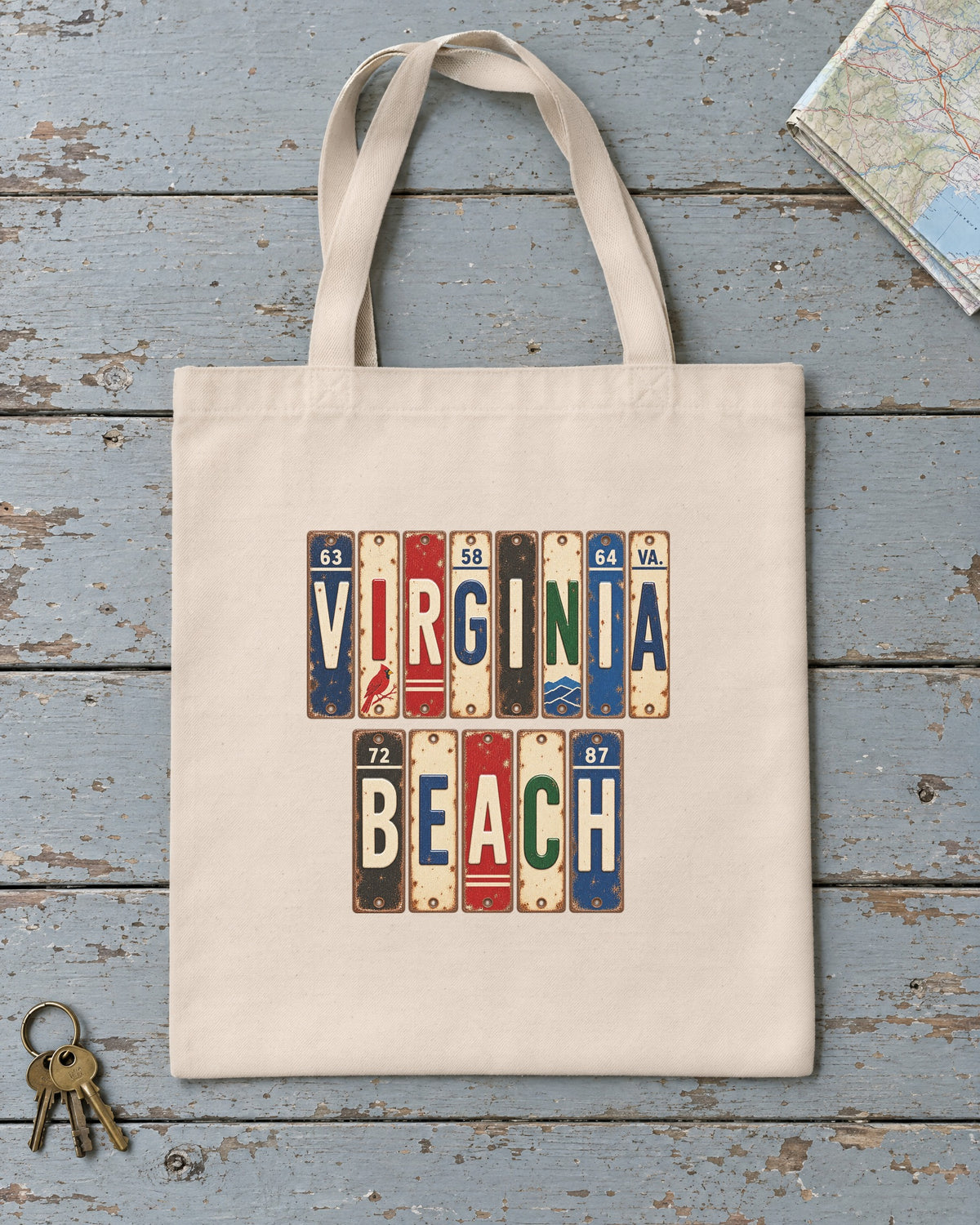 Virginia Beach, Virginia vintage license plate tote bag in Natural