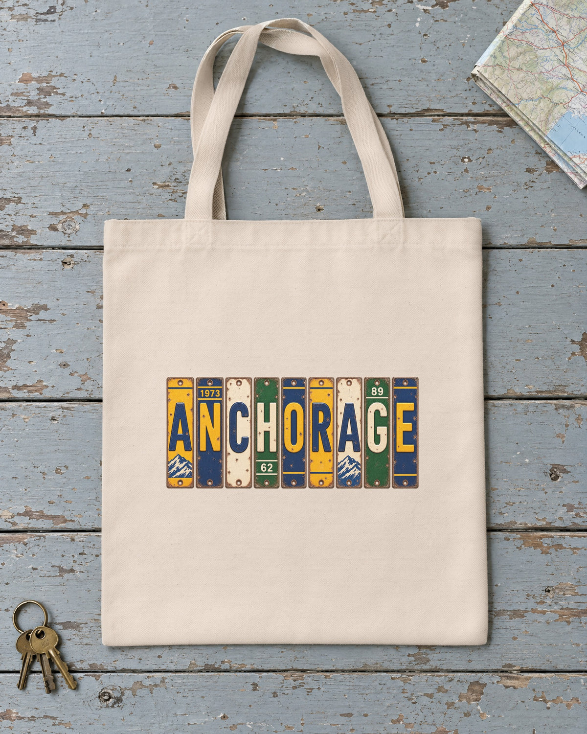 Anchorage, Alaska vintage license plate tote bag in Natural