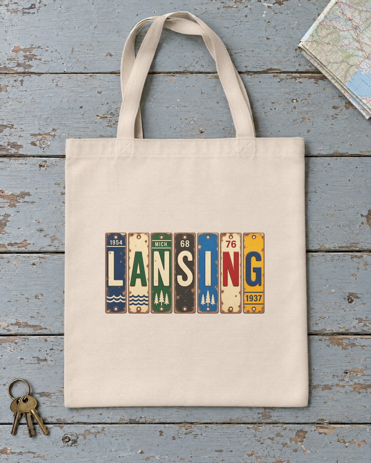 Lansing, Michigan vintage license plate tote bag in Natural