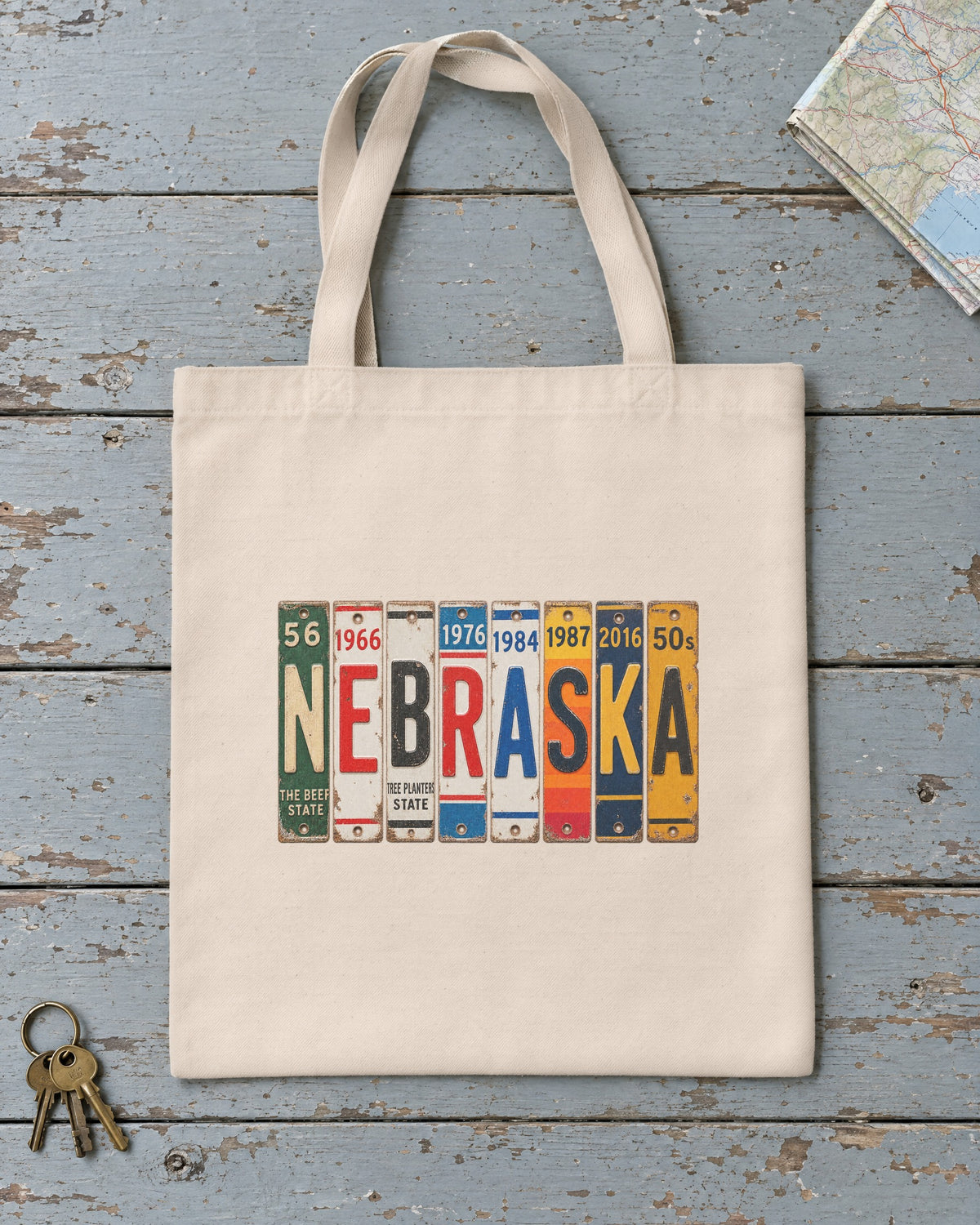 Nebraska vintage license plate tote bag in Natural