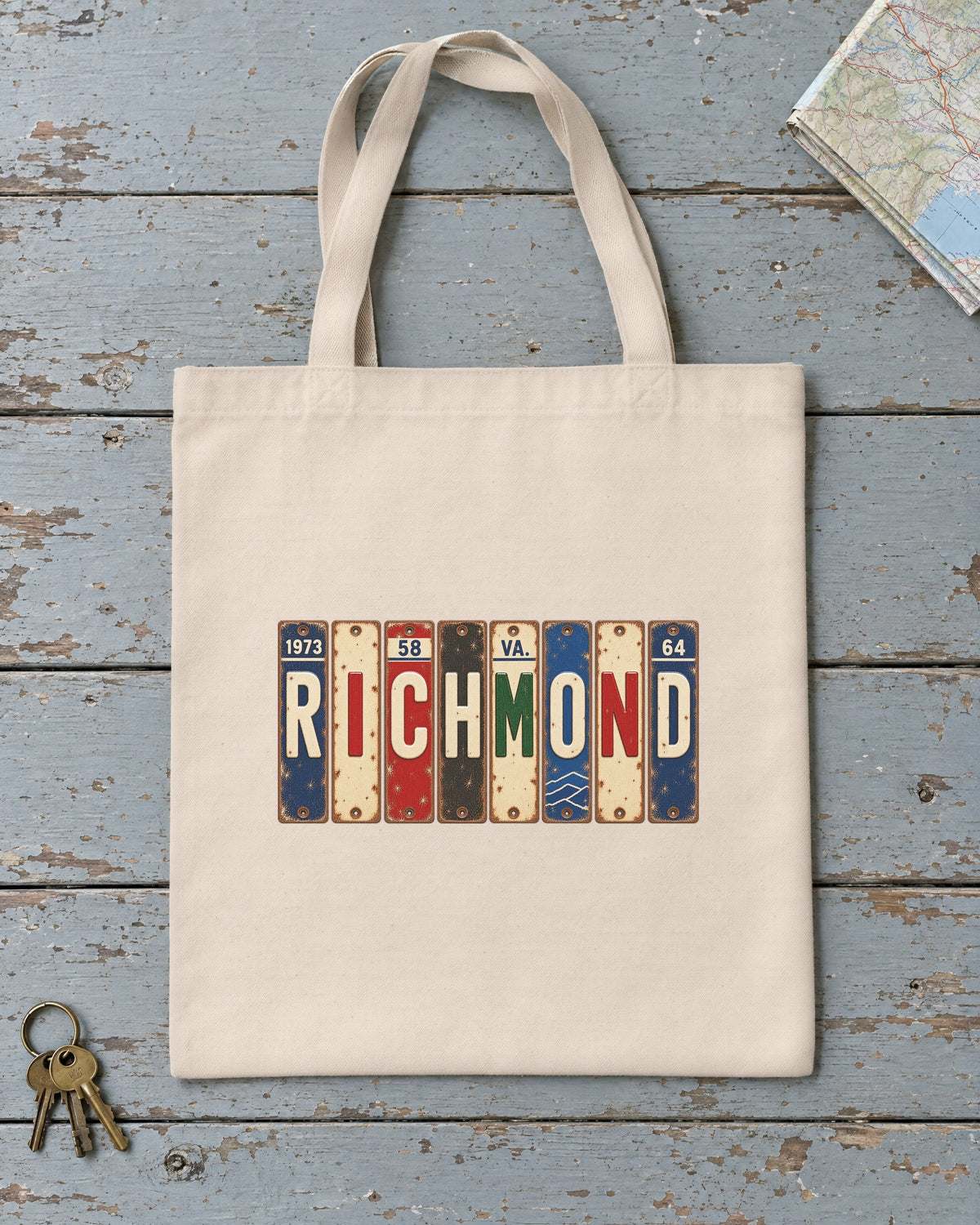 Richmond, Virginia vintage license plate tote bag in Natural