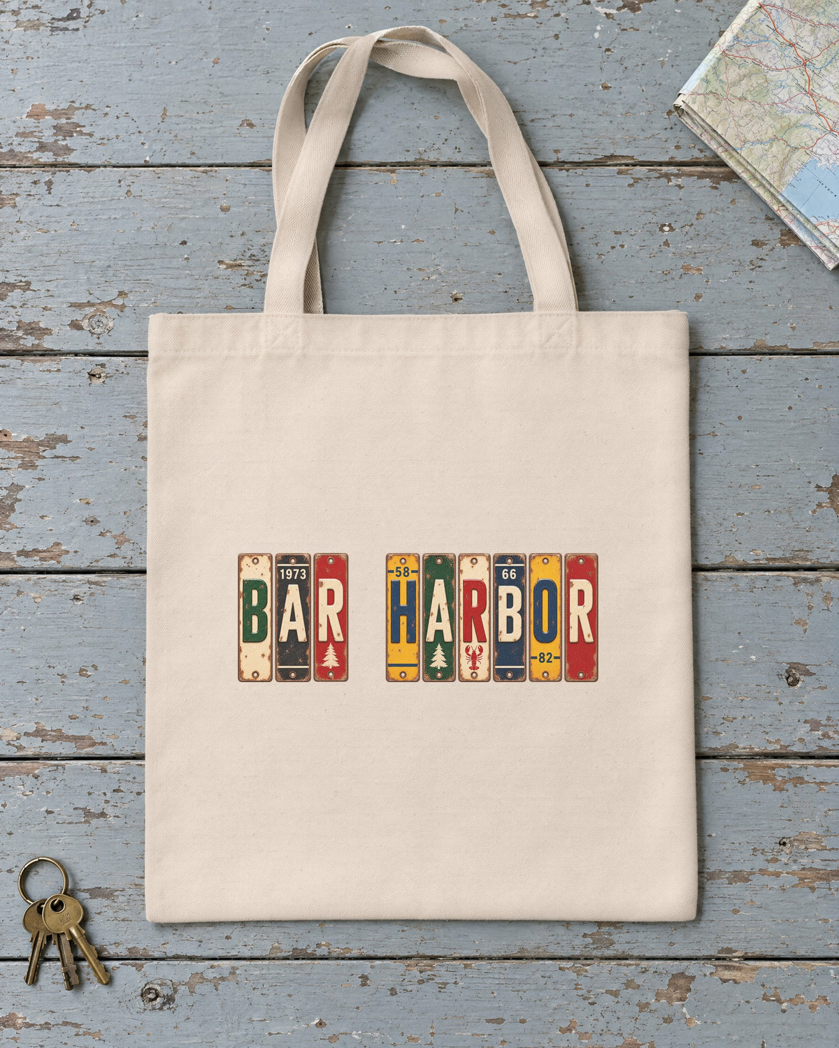 Bar Harbor, Maine vintage license plate tote bag in Natural