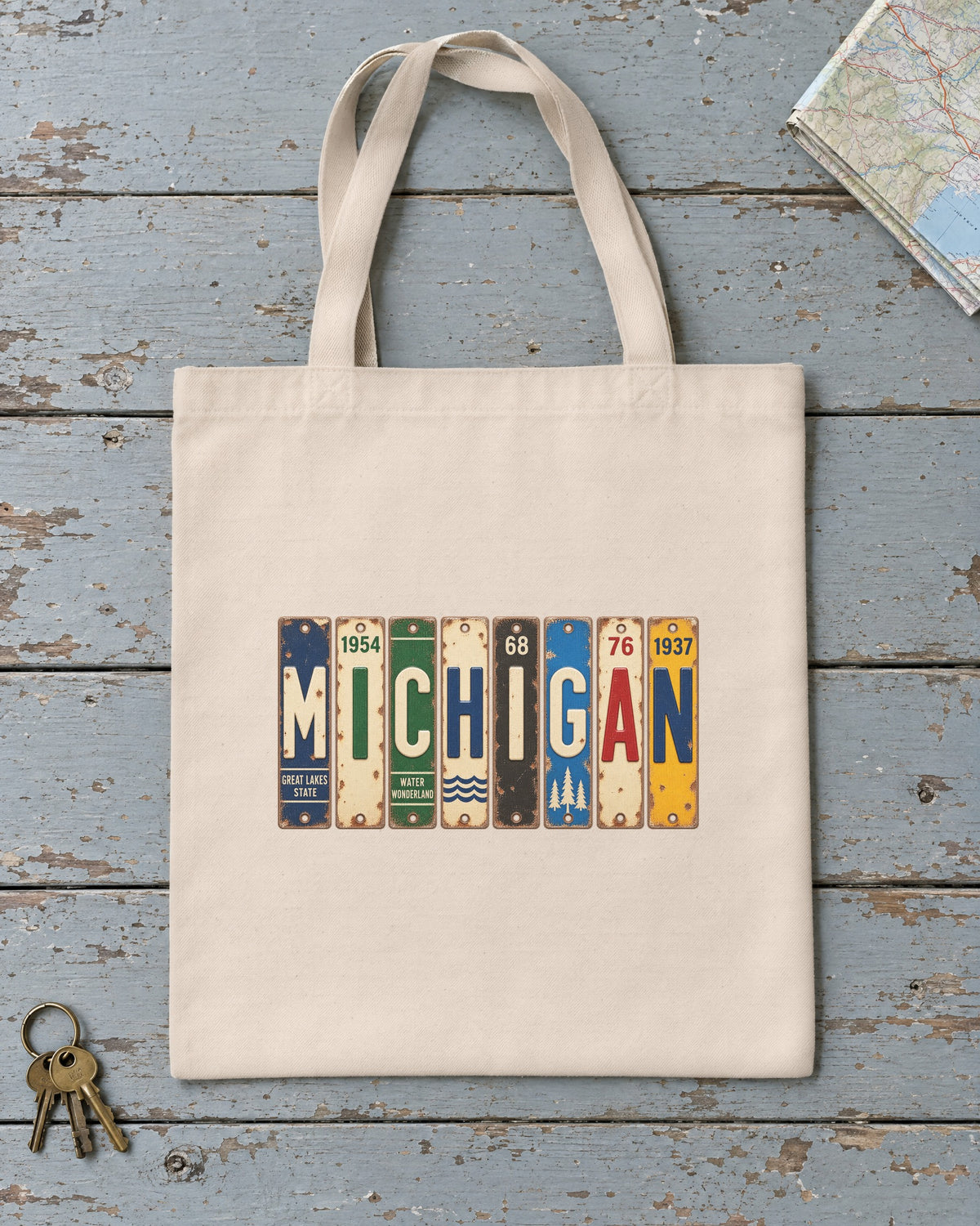 Michigan vintage license plate tote bag in Natural