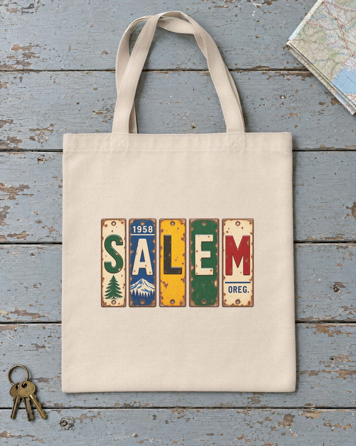 Salem, Oregon vintage license plate tote bag in Natural