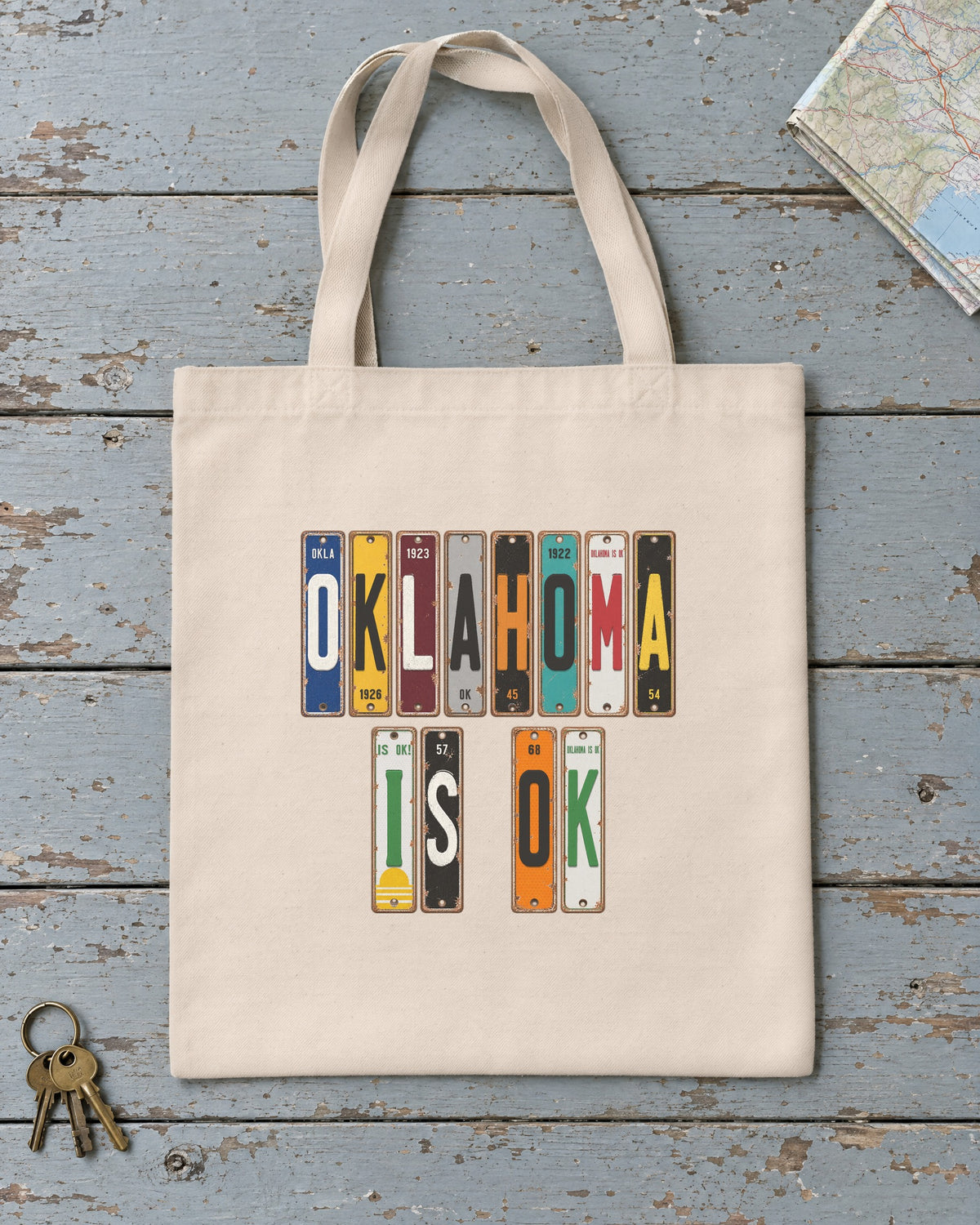 Oklahoma Is OK vintage license plate tote bag in Natural