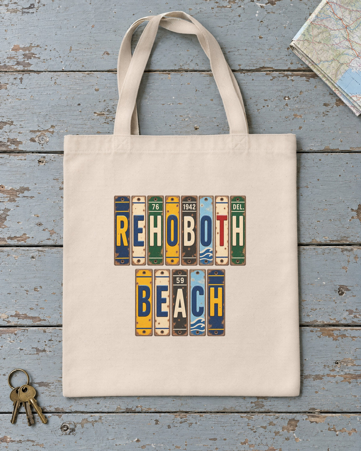 Rehoboth Beach, Delaware vintage license plate tote bag in Natural