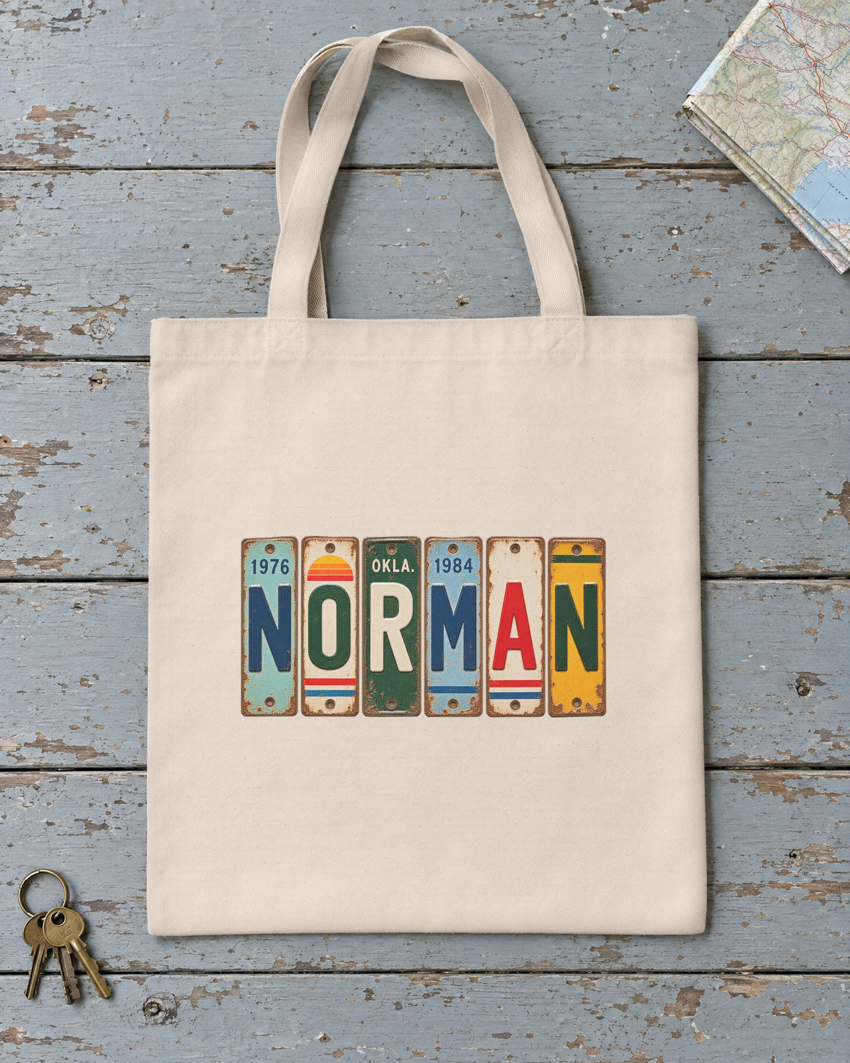 Norman, Oklahoma vintage license plate tote bag in Natural