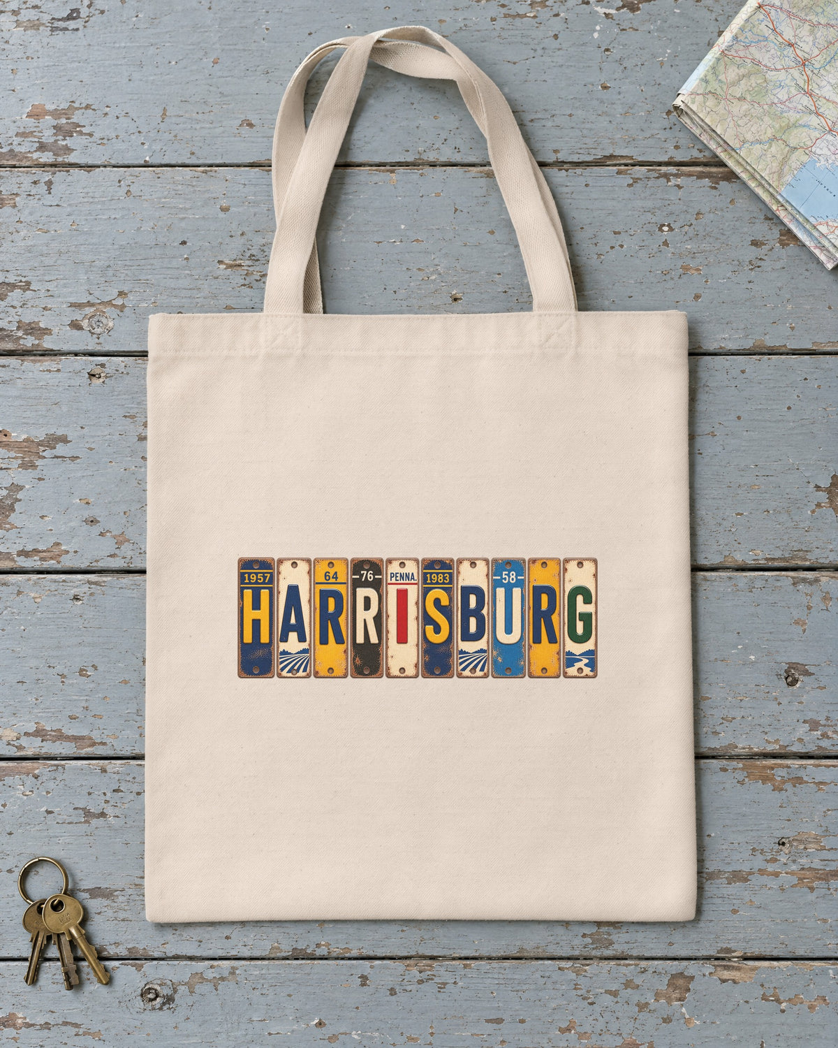 Harrisburg, Pennsylvania vintage license plate tote bag in Natural