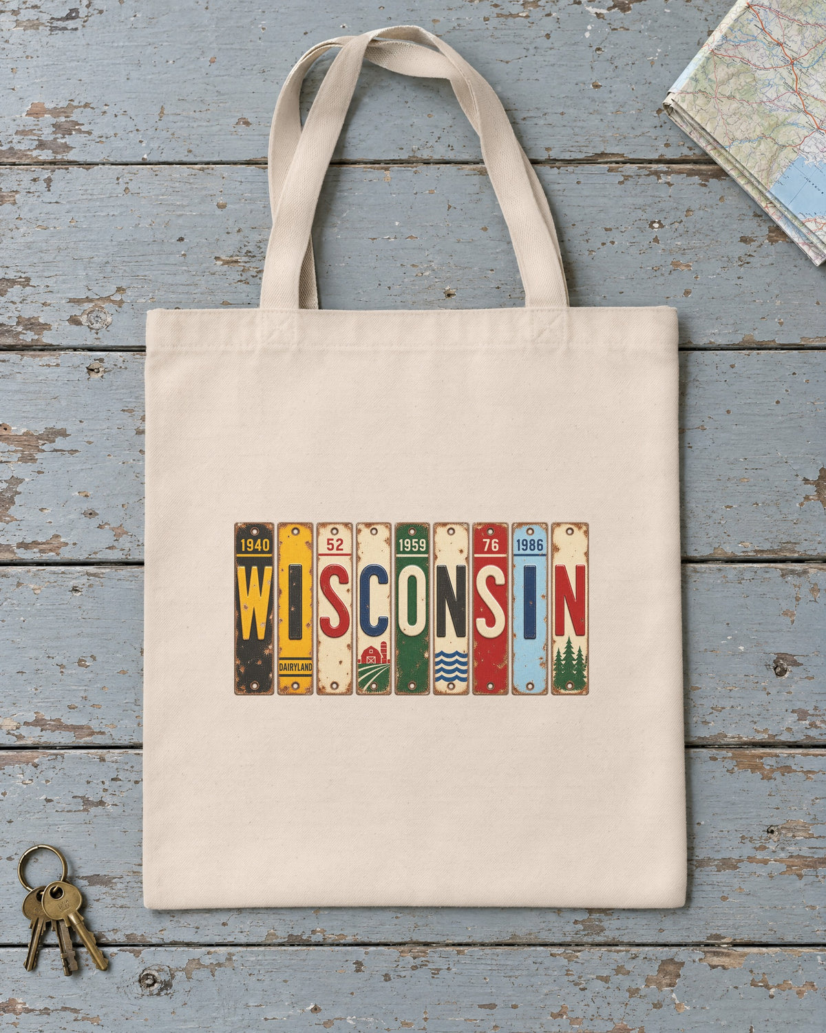 Wisconsin vintage license plate tote bag in Natural