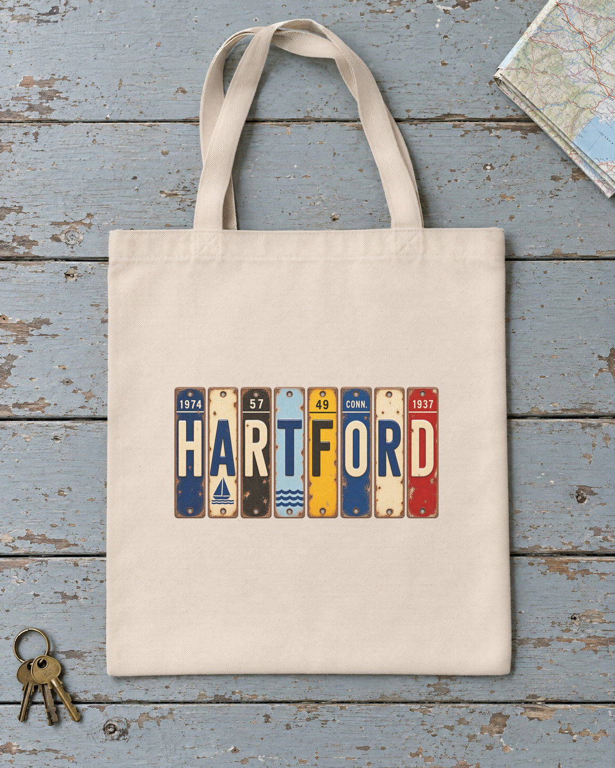 Hartford, Connecticut vintage license plate tote bag in Natural
