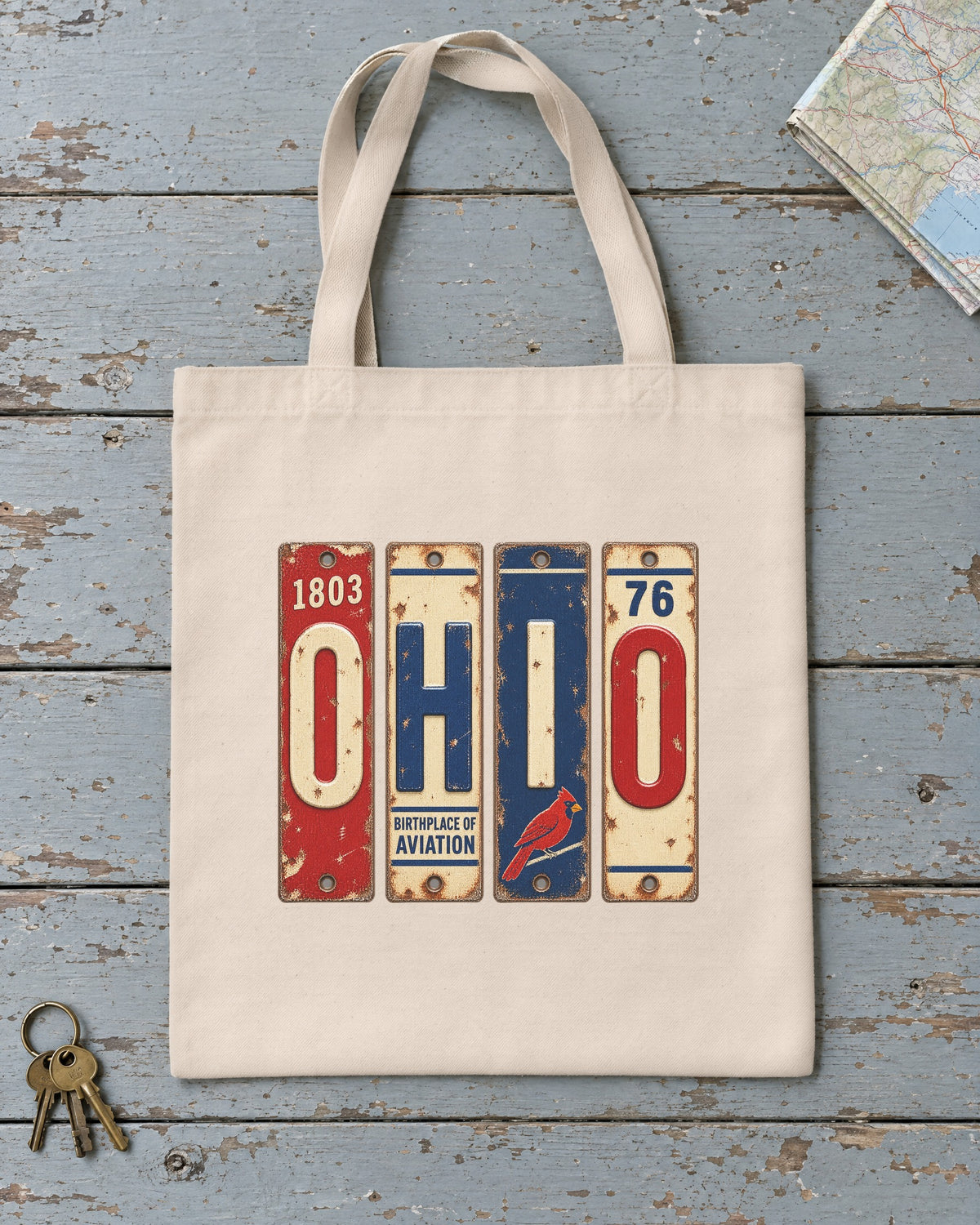 Ohio vintage license plate tote bag in Natural