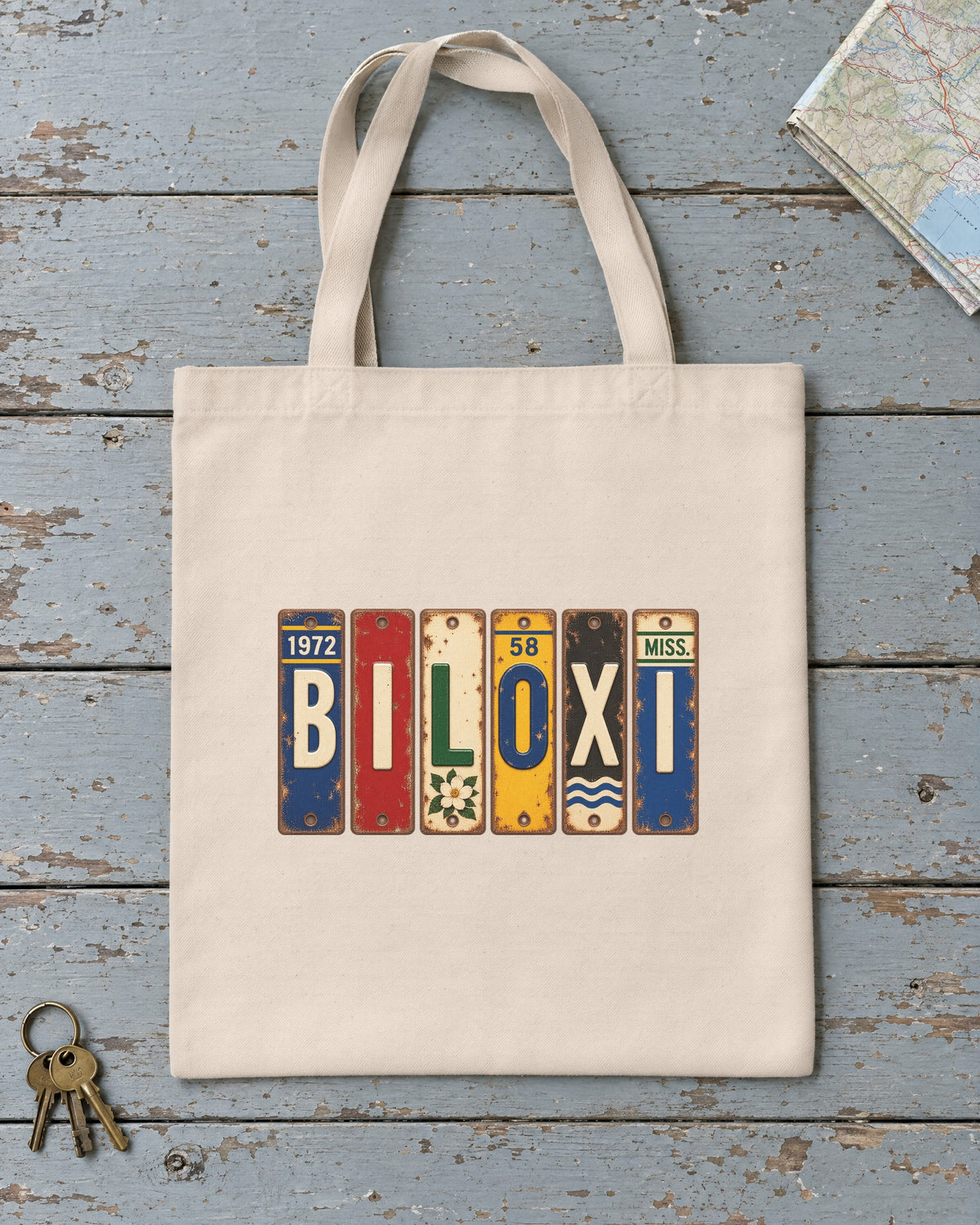 Biloxi, Mississippi vintage license plate tote bag in Natural