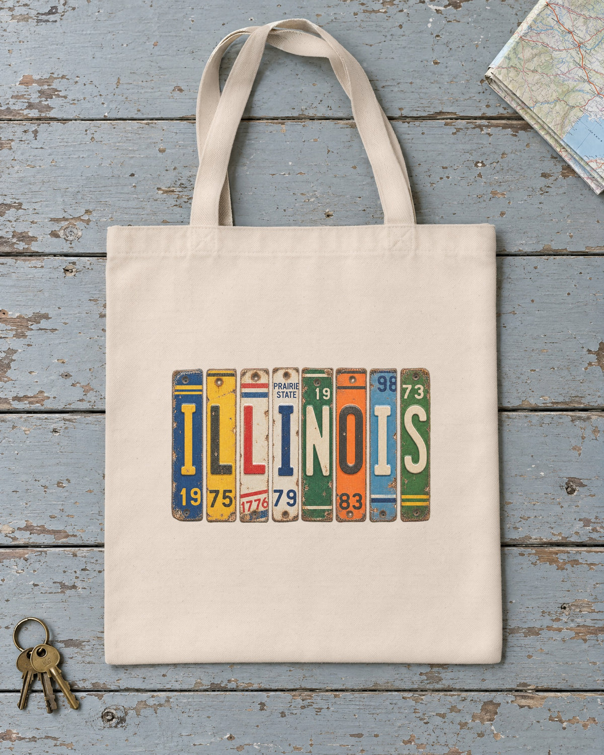 Illinois vintage license plate tote bag in Natural