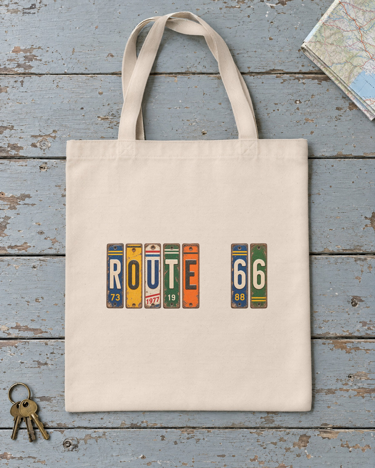 Route 66, Illinois vintage license plate tote bag in Natural