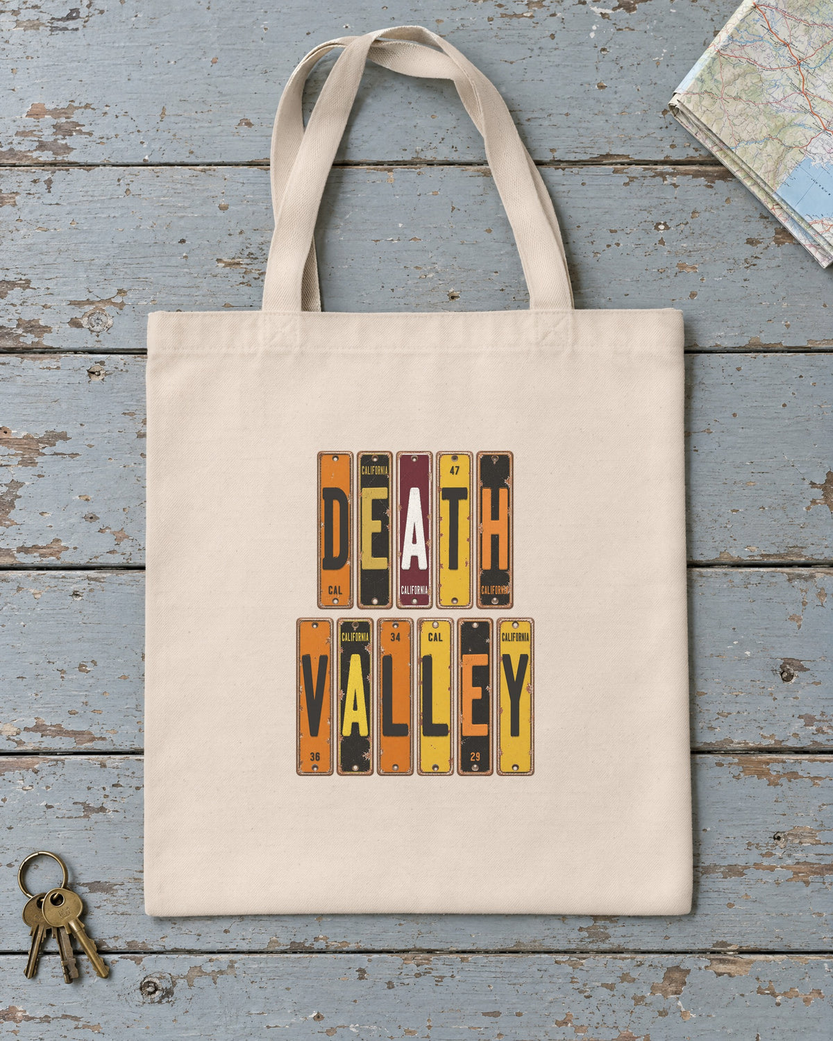 Death Valley, California vintage license plate tote bag in Natural