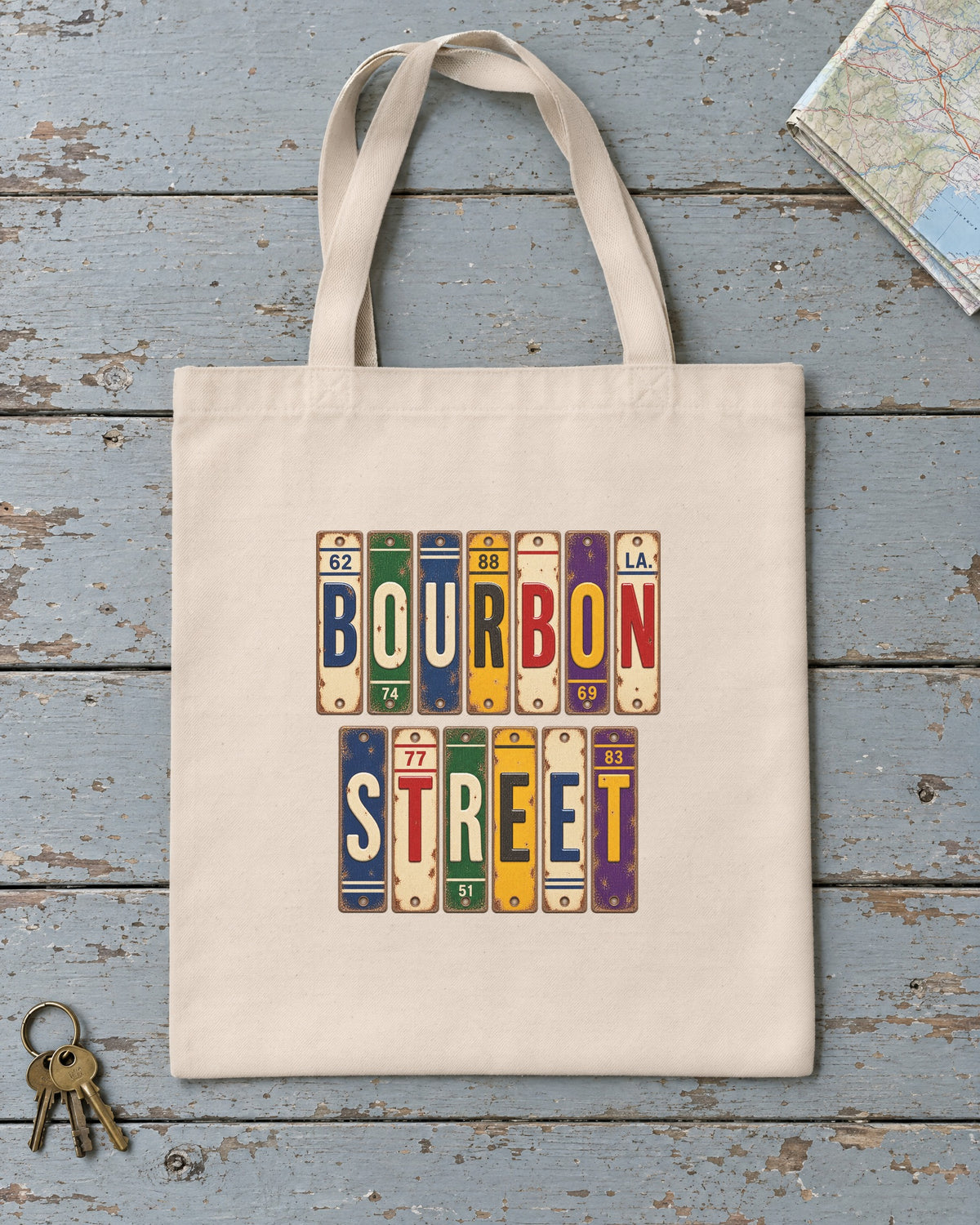 Bourbon Street, Louisiana vintage license plate tote bag in Natural