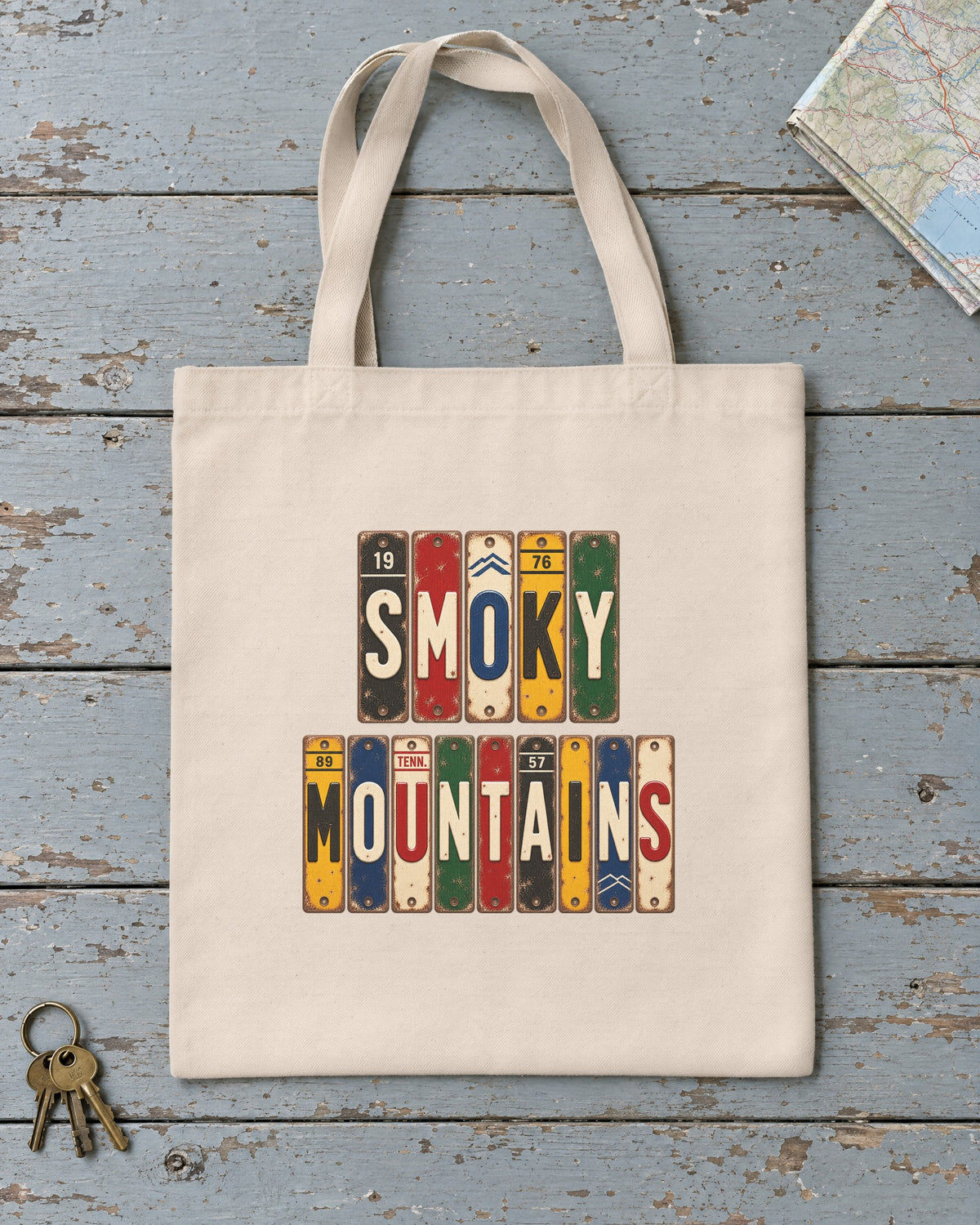 Smoky Mountains, Tennessee vintage license plate tote bag in Natural