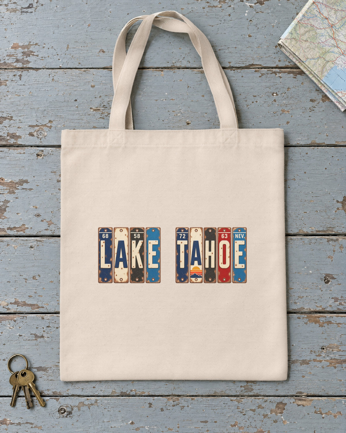 Lake Tahoe, Nevada vintage license plate tote bag in Natural