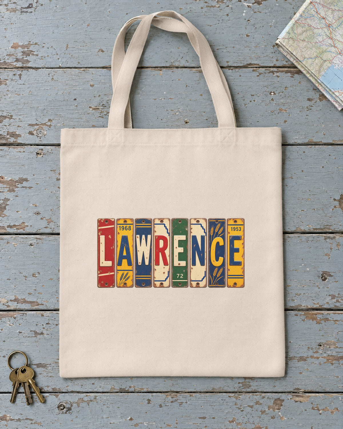 Lawrence, Kansas vintage license plate tote bag in Natural