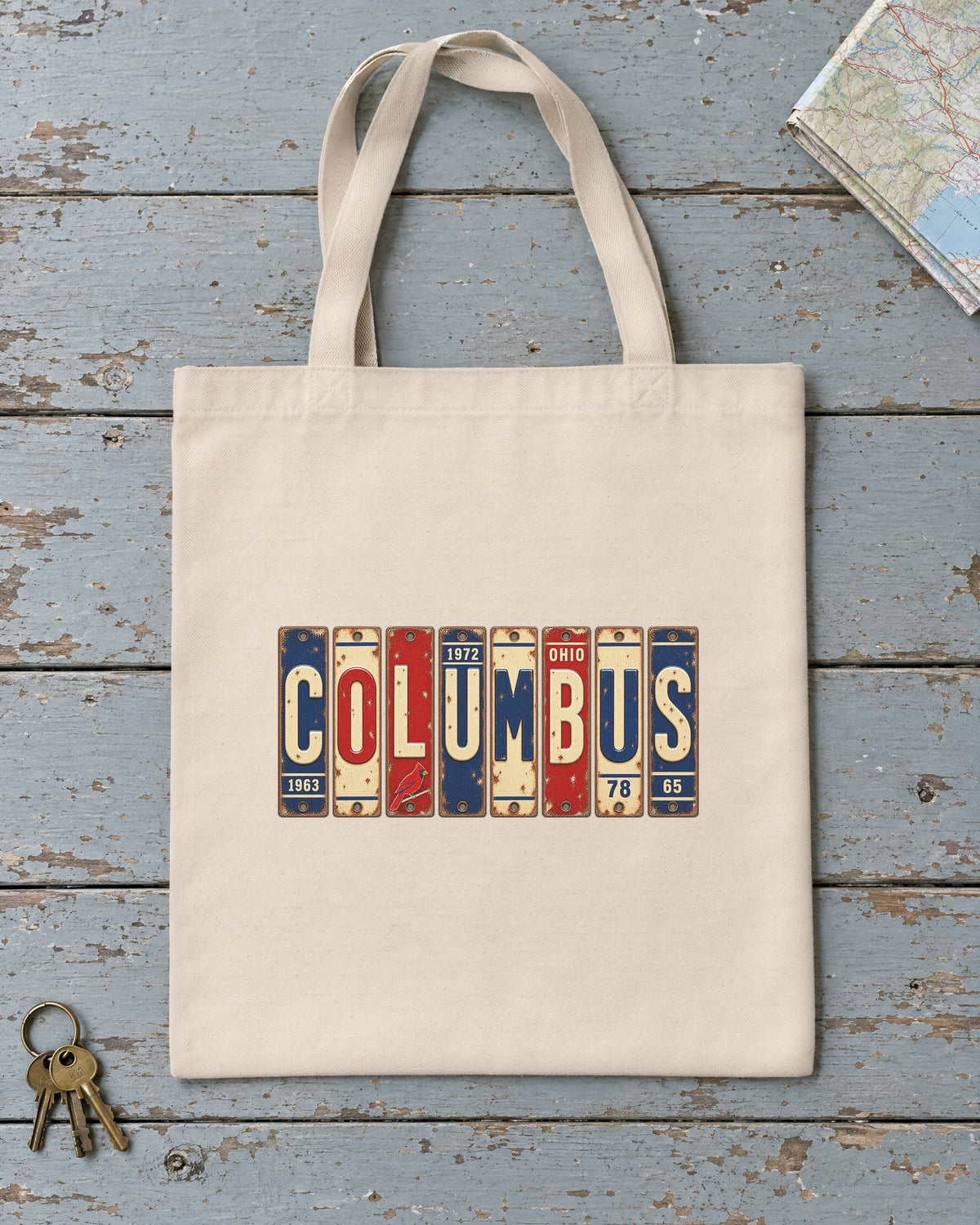 Columbus, Ohio vintage license plate tote bag in Natural
