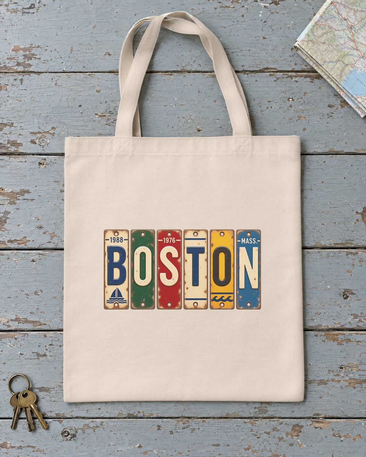 Boston, Massachusetts vintage license plate tote bag in Natural