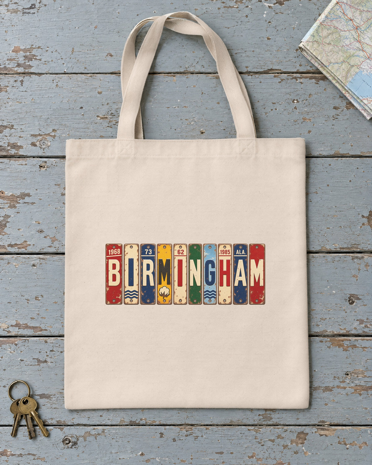 Birmingham, Alabama vintage license plate tote bag in Natural