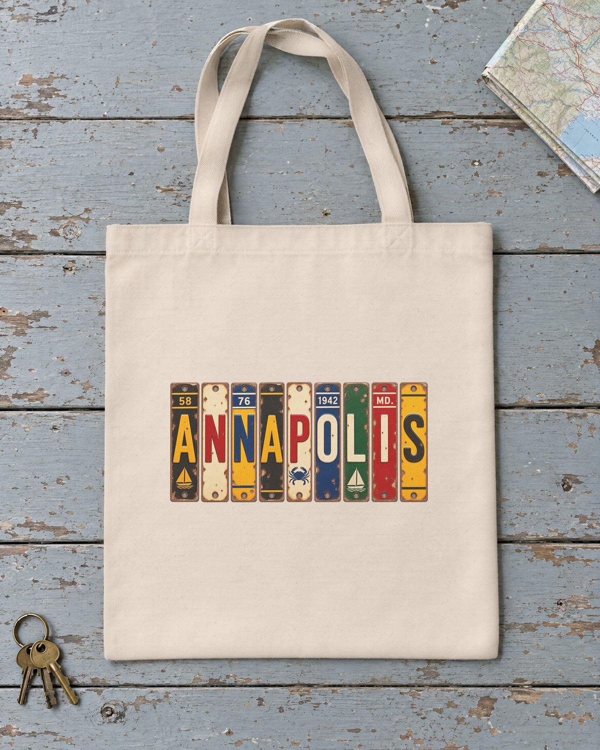 Annapolis, Maryland vintage license plate tote bag in Natural