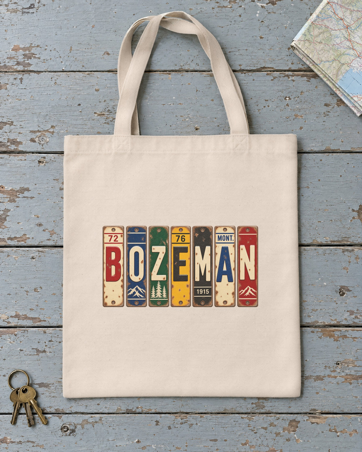 Bozeman, Montana vintage license plate tote bag in Natural
