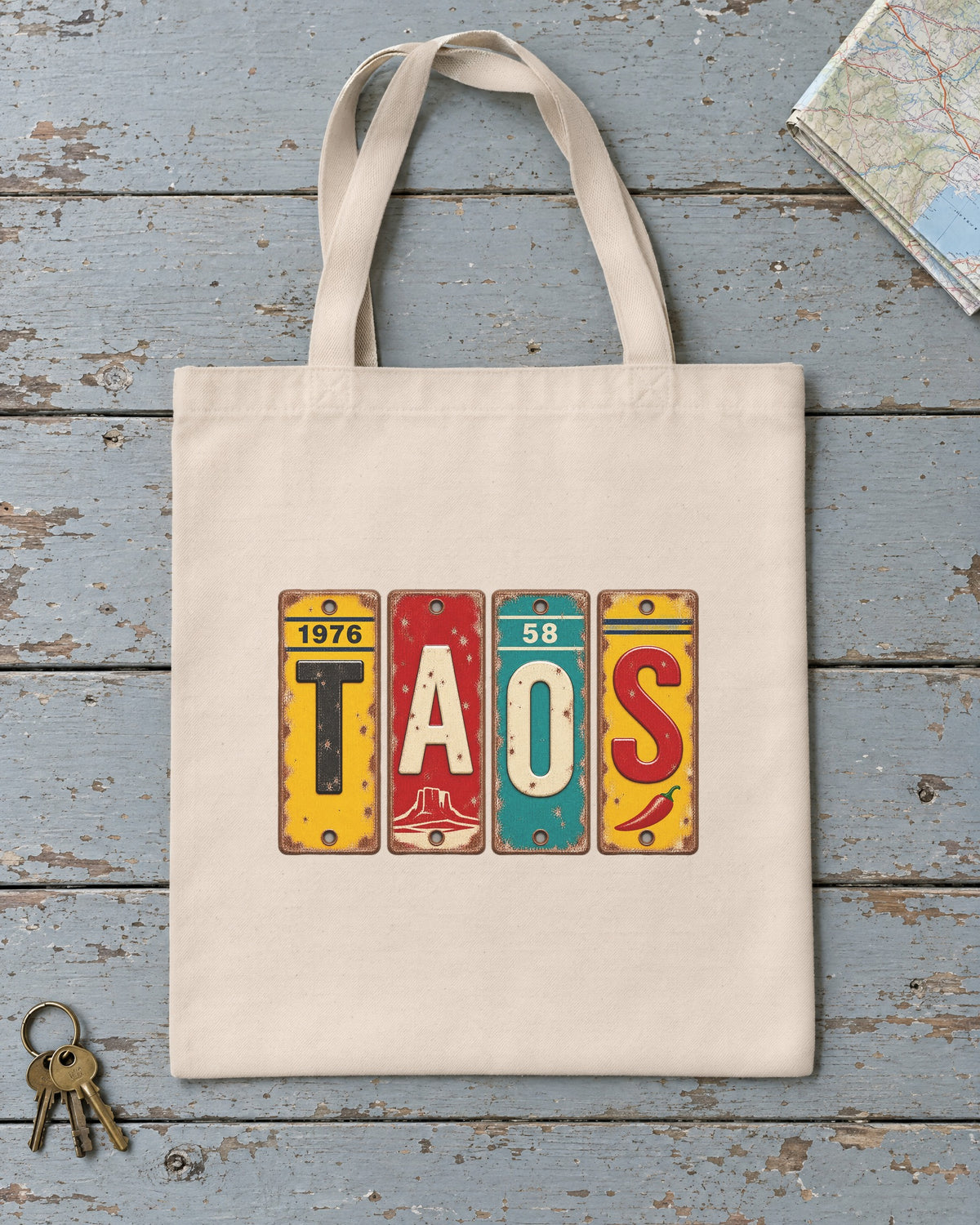 Taos, New Mexico vintage license plate tote bag in Natural