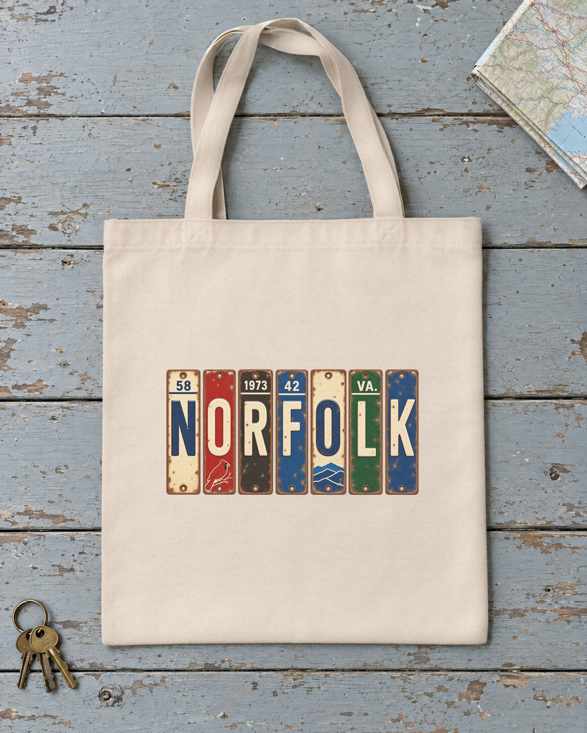 Norfolk, Virginia vintage license plate tote bag in Natural