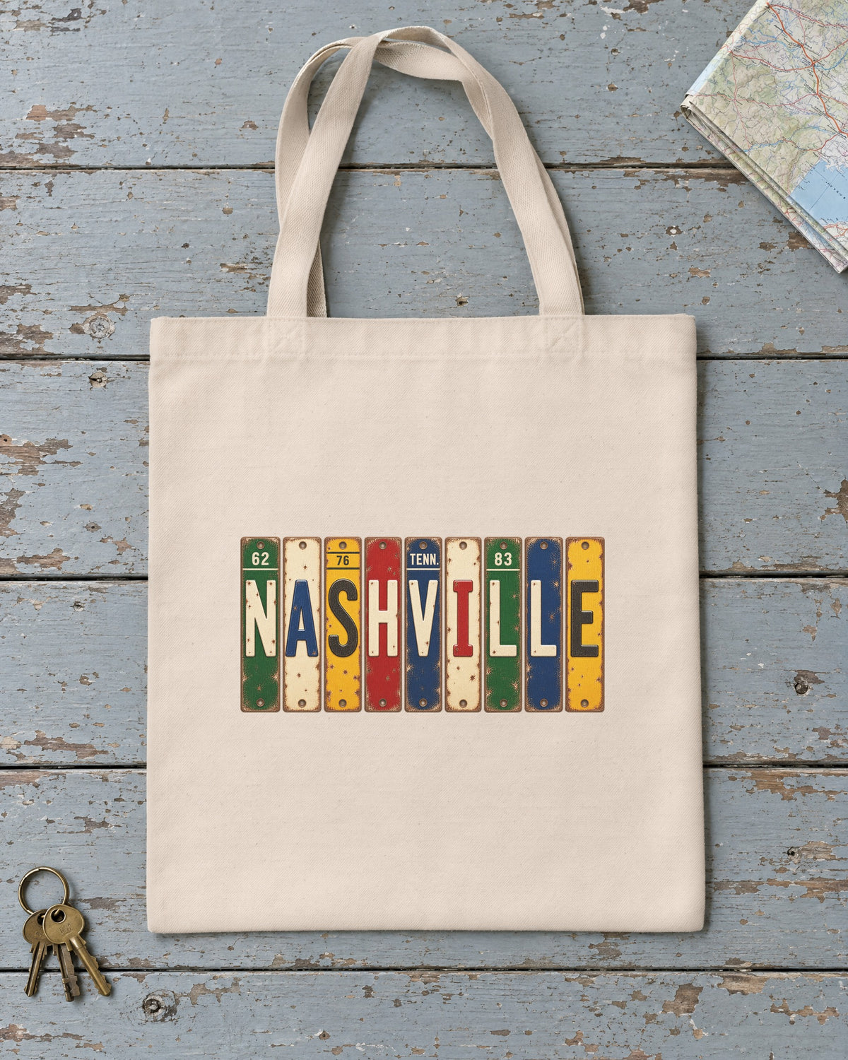 Nashville, Tennessee vintage license plate tote bag in Natural