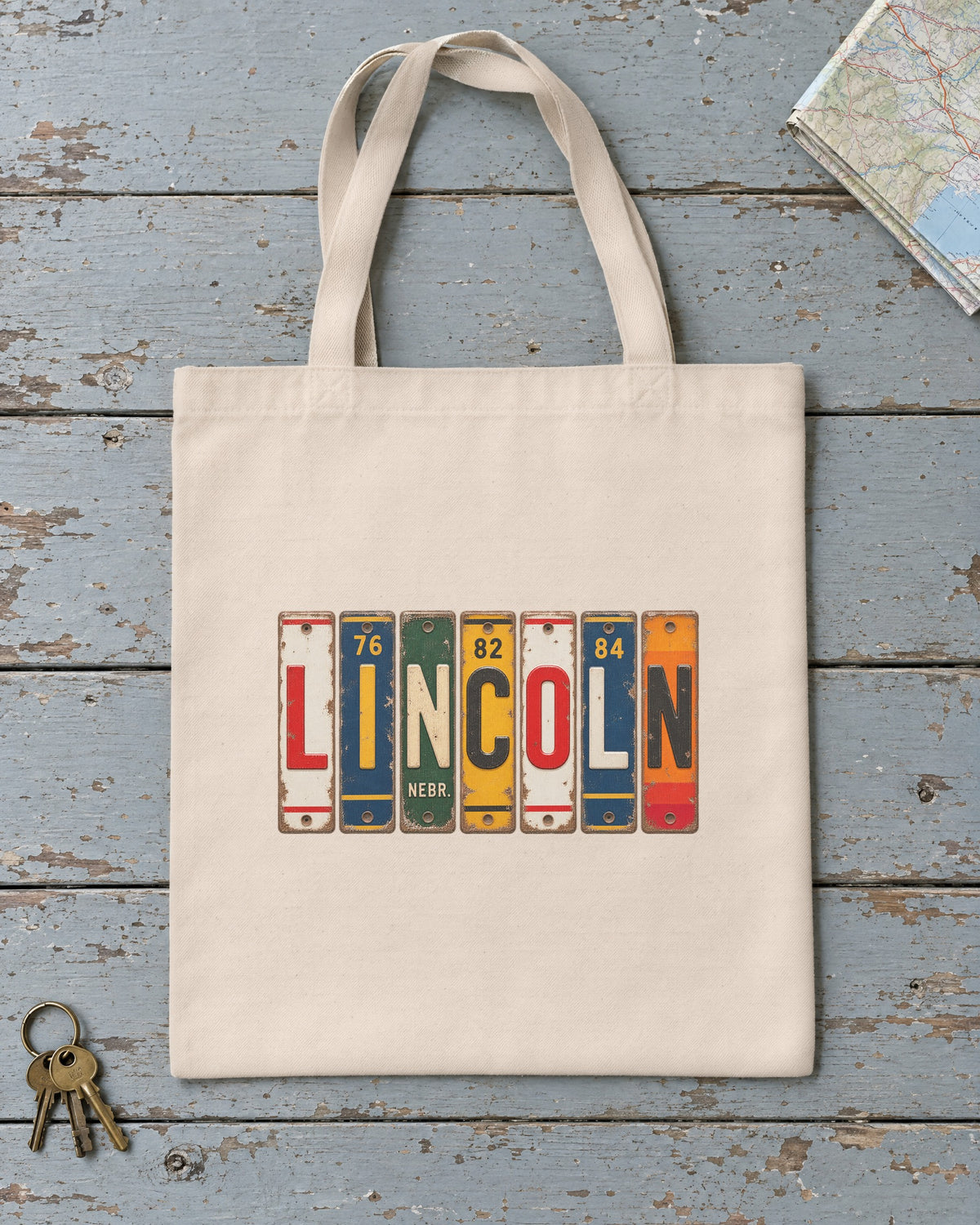 Lincoln, Nebraska vintage license plate tote bag in Natural
