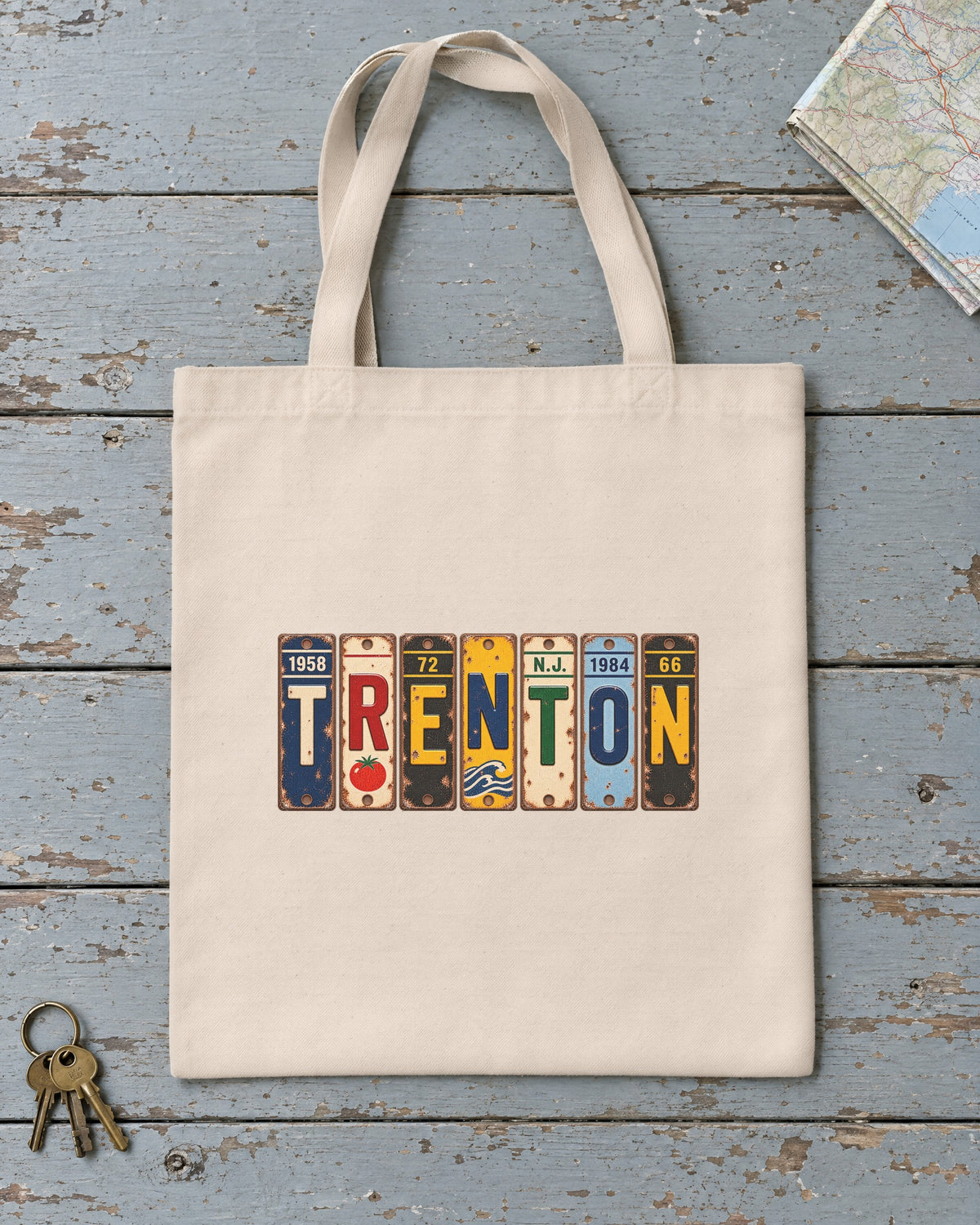 Trenton, New Jersey vintage license plate tote bag in Natural