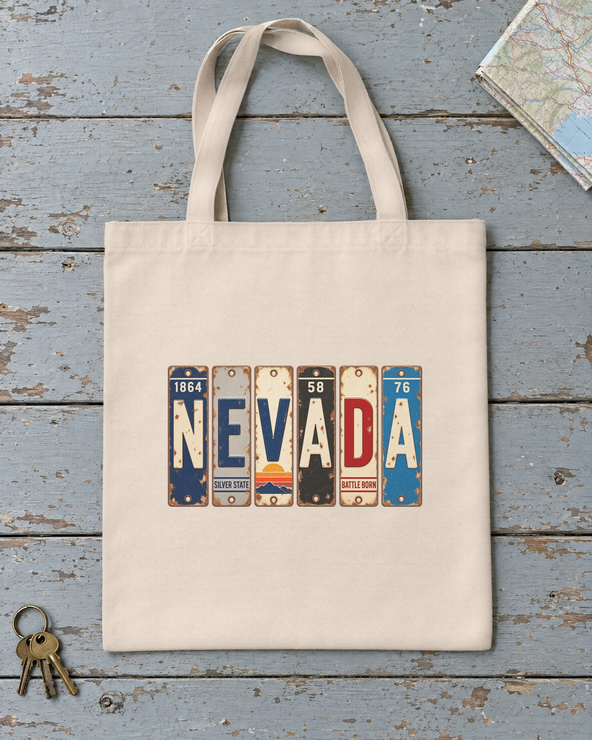 Nevada vintage license plate tote bag in Natural