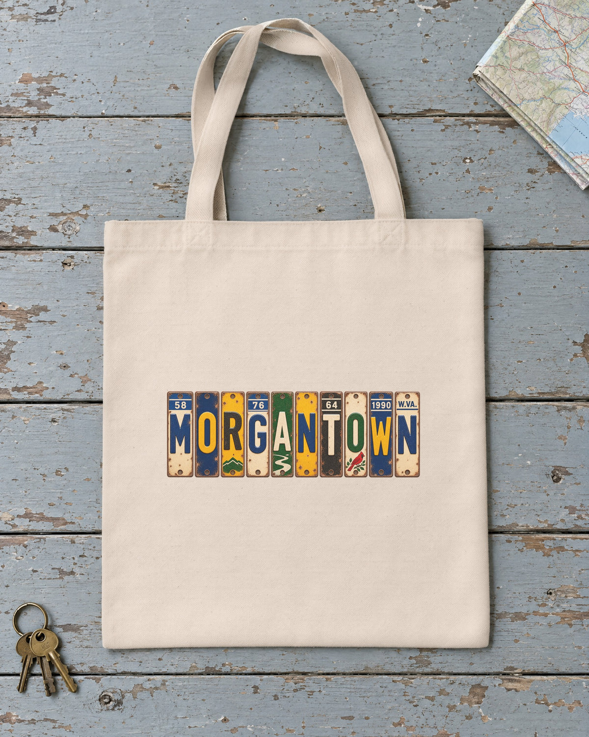 Morgantown, West Virginia vintage license plate tote bag in Natural