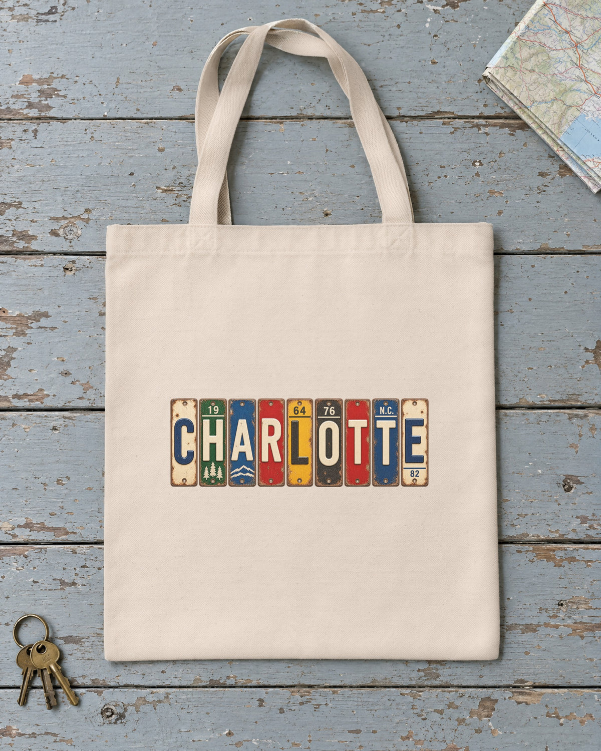 Charlotte, North Carolina vintage license plate tote bag in Natural