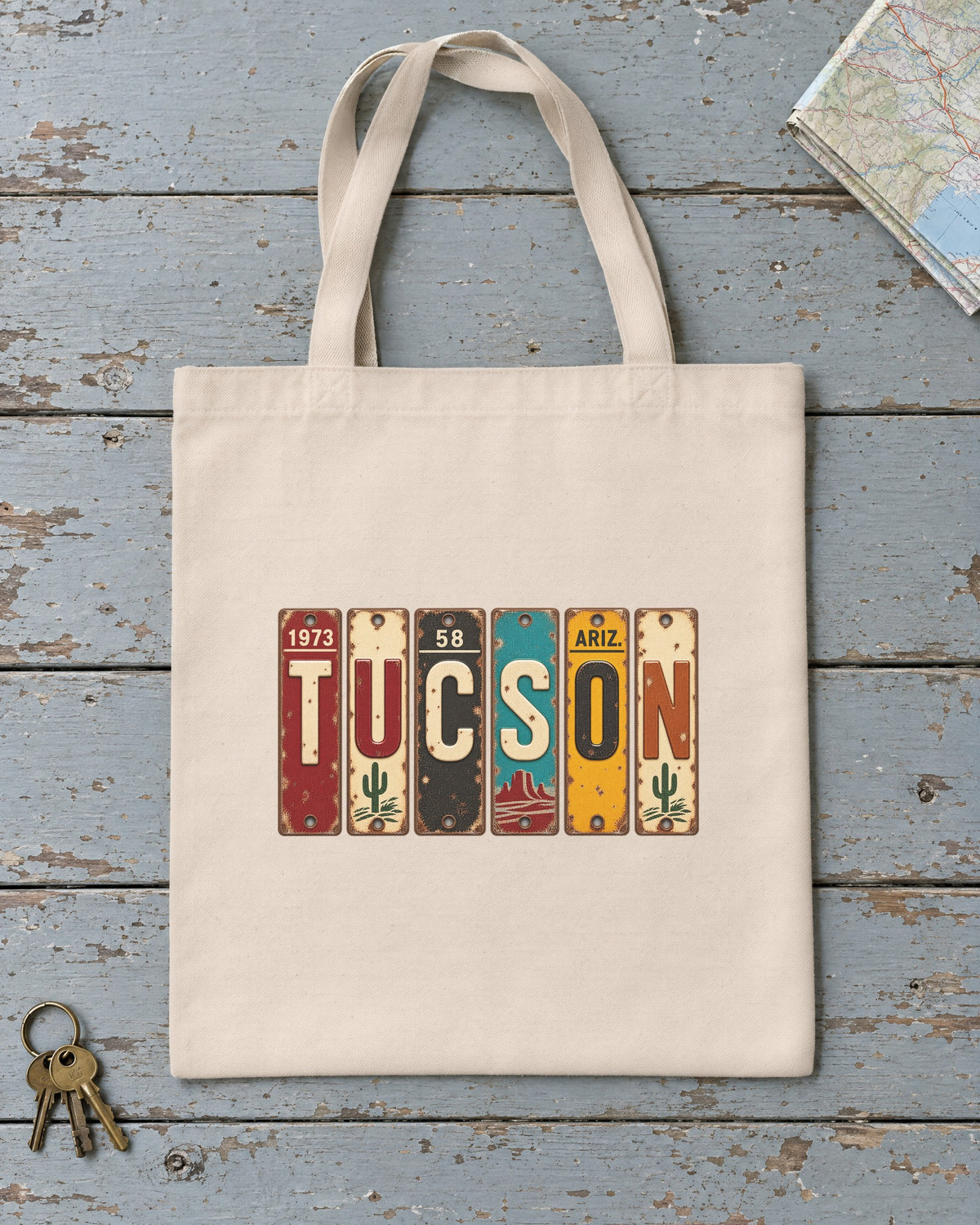 Tucson, Arizona vintage license plate tote bag in Natural