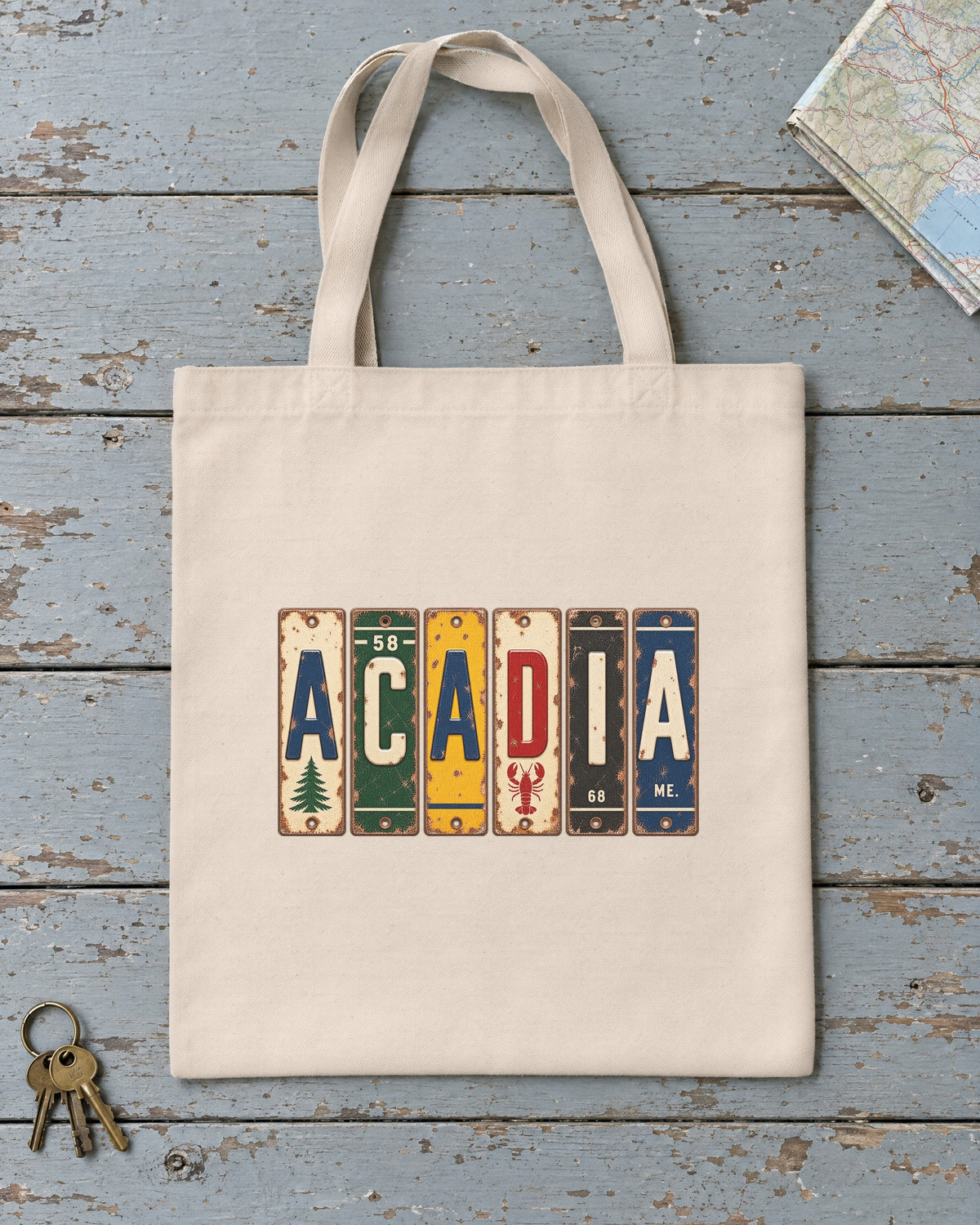 Acadia, Maine vintage license plate tote bag in Natural