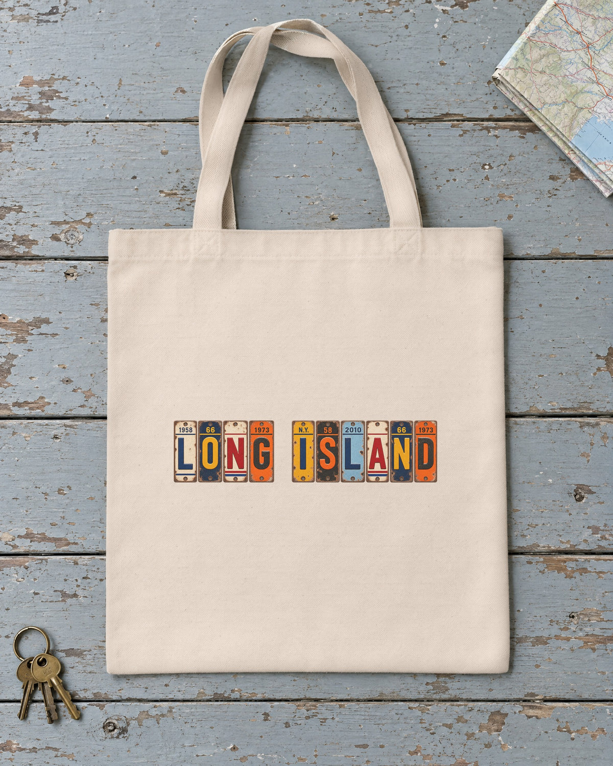 Long Island, New York vintage license plate tote bag in Natural