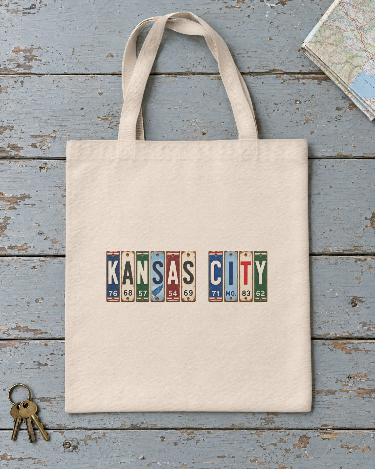 Kansas City, Missouri vintage license plate tote bag in Natural