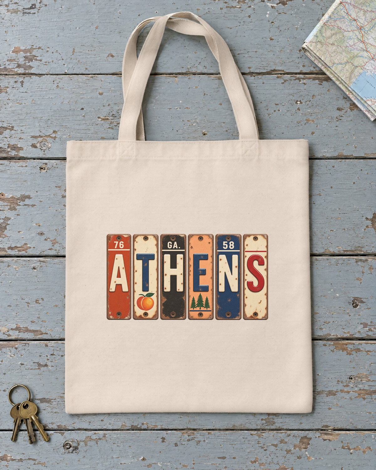 Athens, Georgia vintage license plate tote bag in Natural