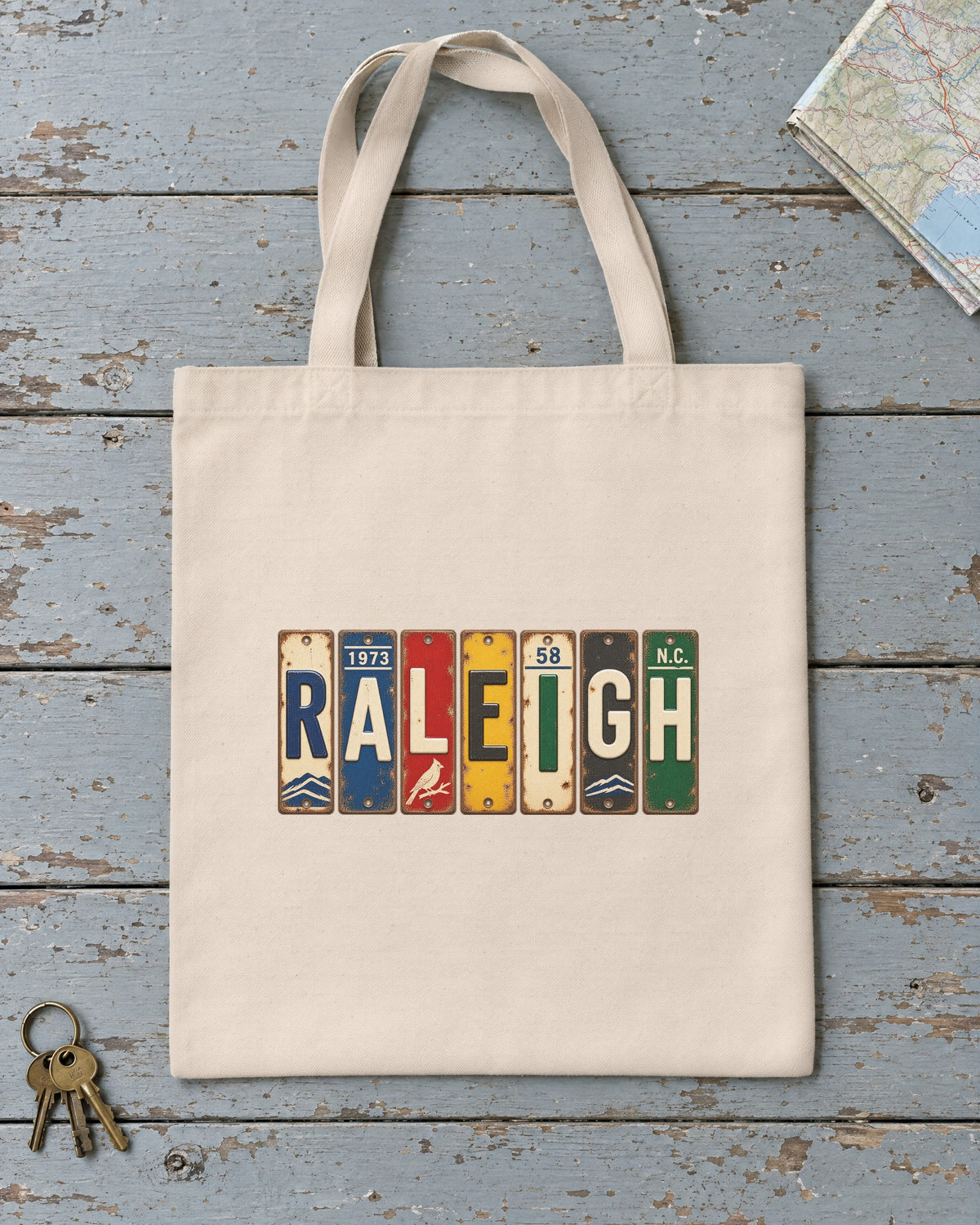 Raleigh, North Carolina vintage license plate tote bag in Natural