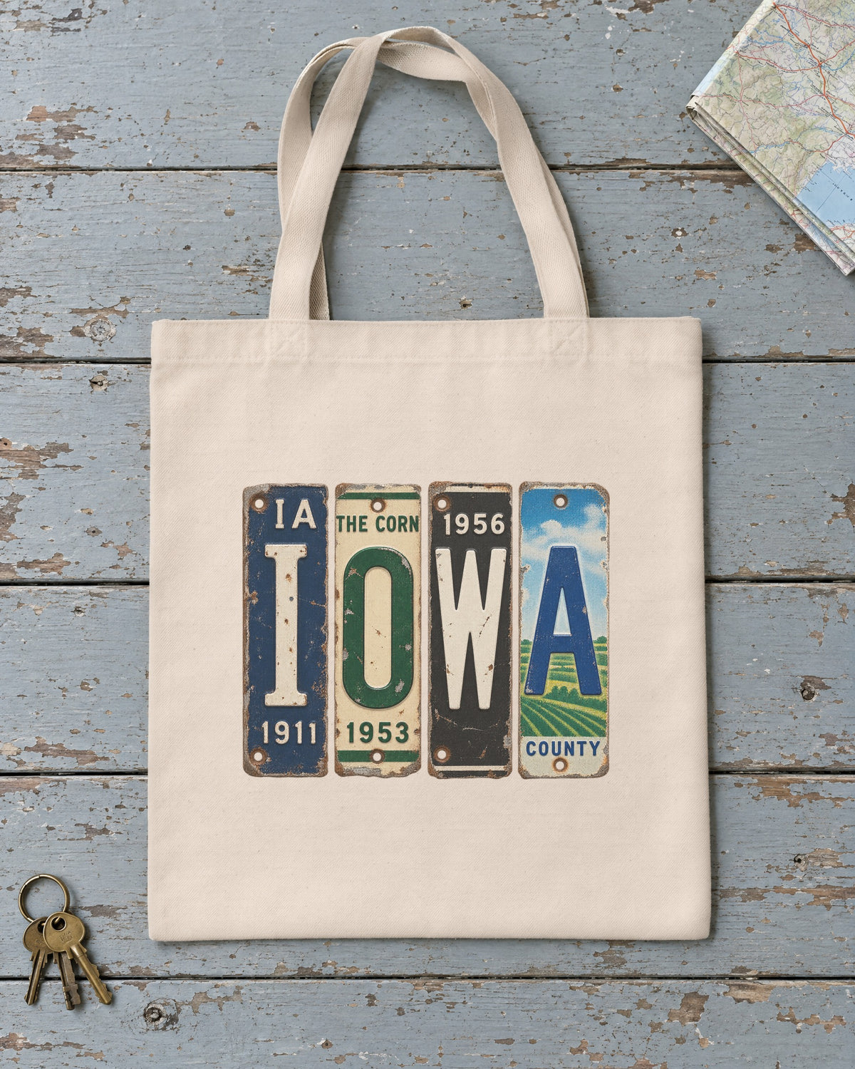 Iowa vintage license plate tote bag in Natural