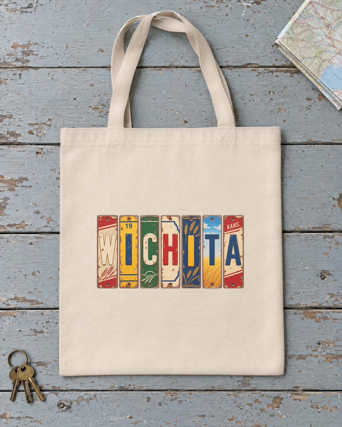 Wichita, Kansas vintage license plate tote bag in Natural