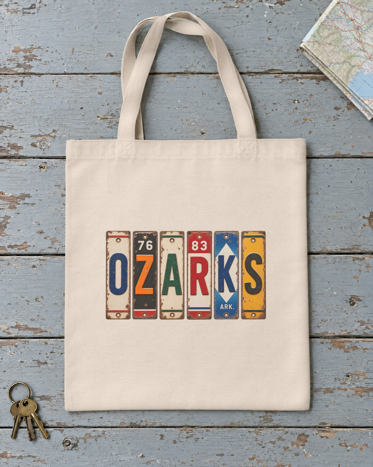 Ozarks, Arkansas vintage license plate tote bag in Natural