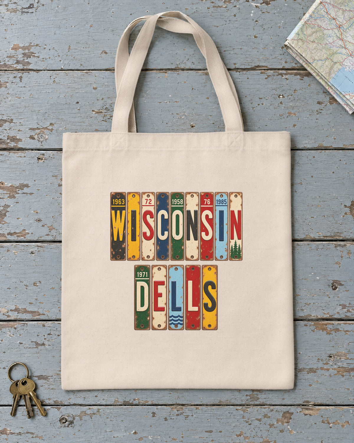 Wisconsin Dells, Wisconsin vintage license plate tote bag in Natural