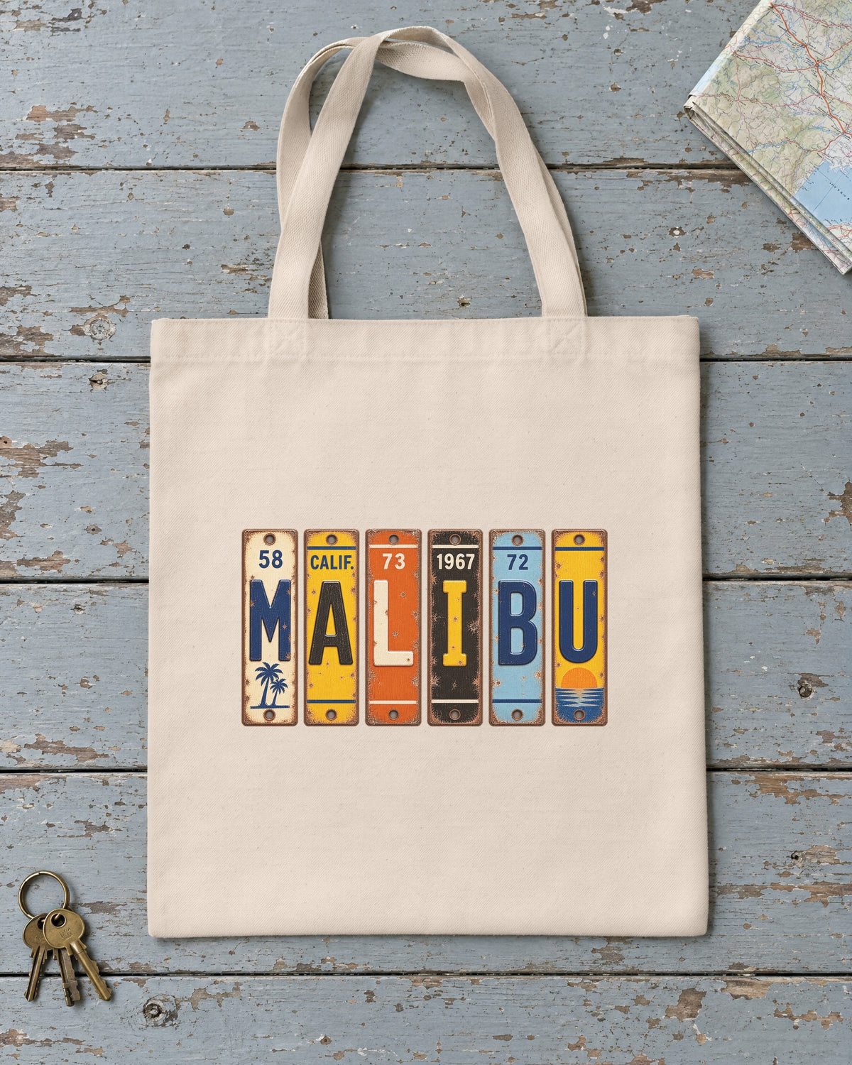 Malibu, California vintage license plate tote bag in Natural