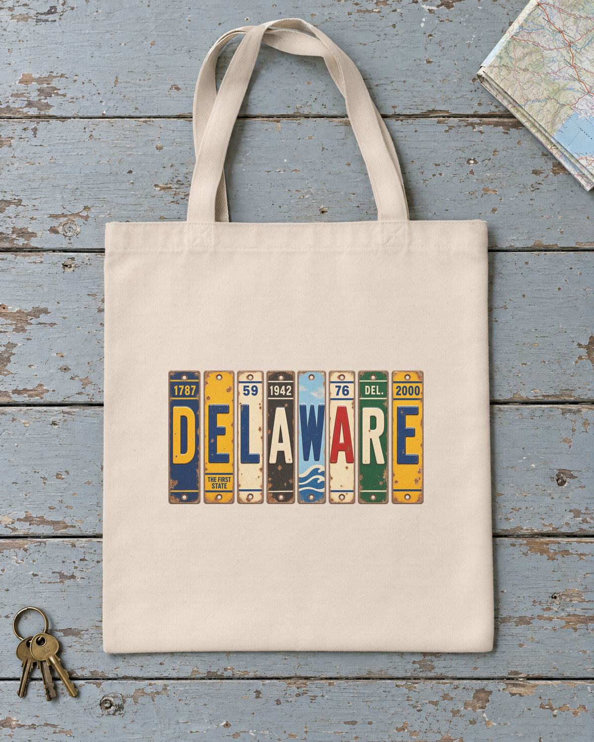 Delaware vintage license plate tote bag in Natural