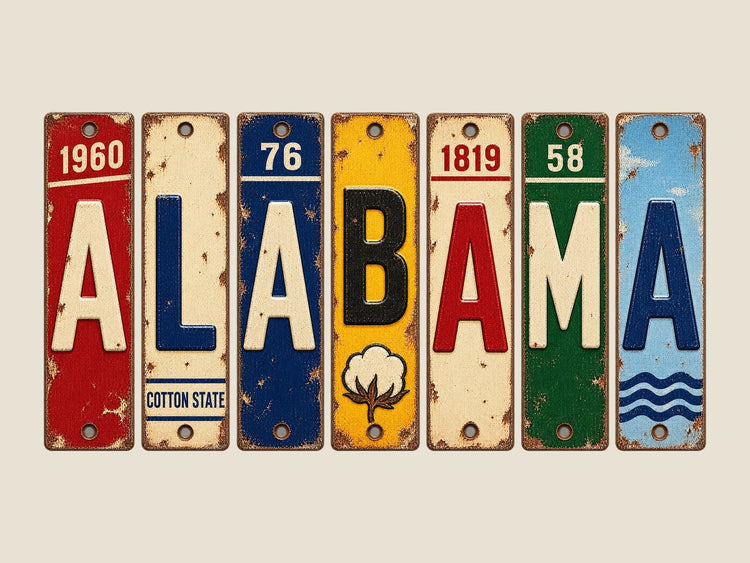 Alabama spelled out in vintage license plates