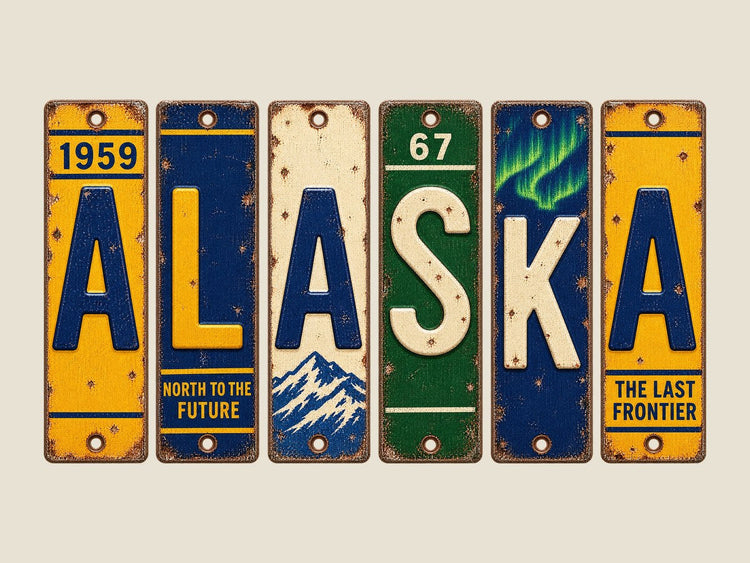 Alaska spelled out in vintage license plates